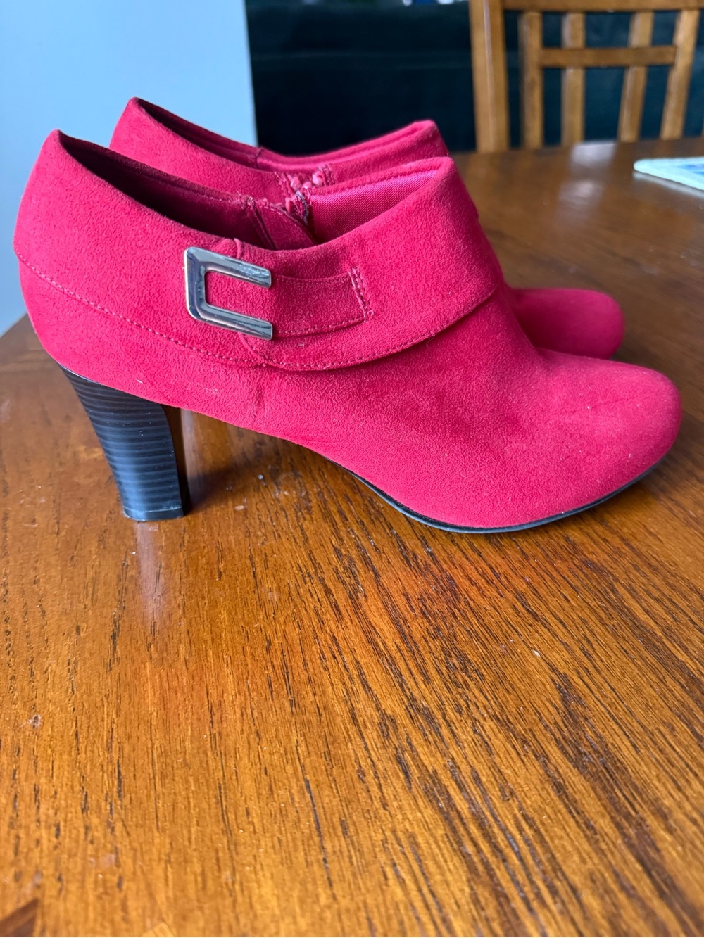 Women's Red Suede Heeled Ankle Boots with Decorative Buckle